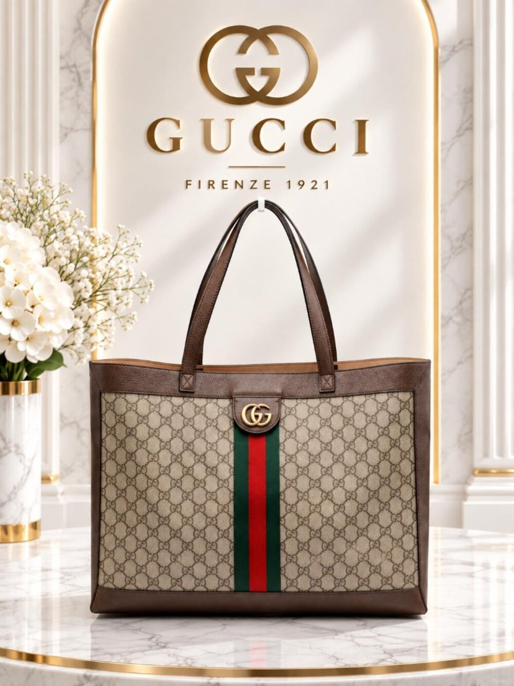 Authentic Gucci Ophidia GG Supreme Canvas Large Tote Bag Web Stripe Shoulder Bag